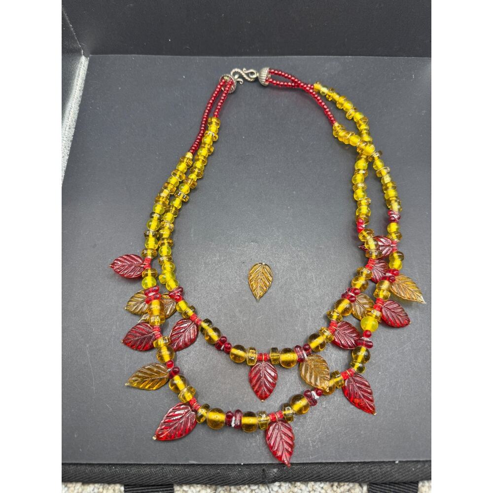 Vintage Two Strand Amber Yellow Autumn Tone Color Leaves Beaded Necklace 22.5"